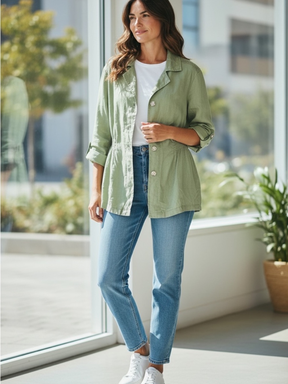dressbarn Sage Green Button-Front Linen Utility Jacket